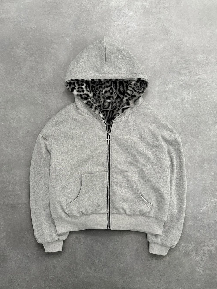 Reversible hooded sweatshirt with vintage leopard print