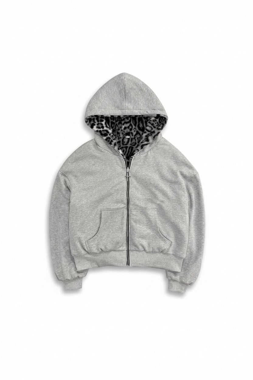 Reversible hooded sweatshirt with vintage leopard print