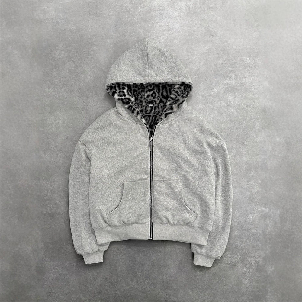 Reversible hooded sweatshirt with vintage leopard print