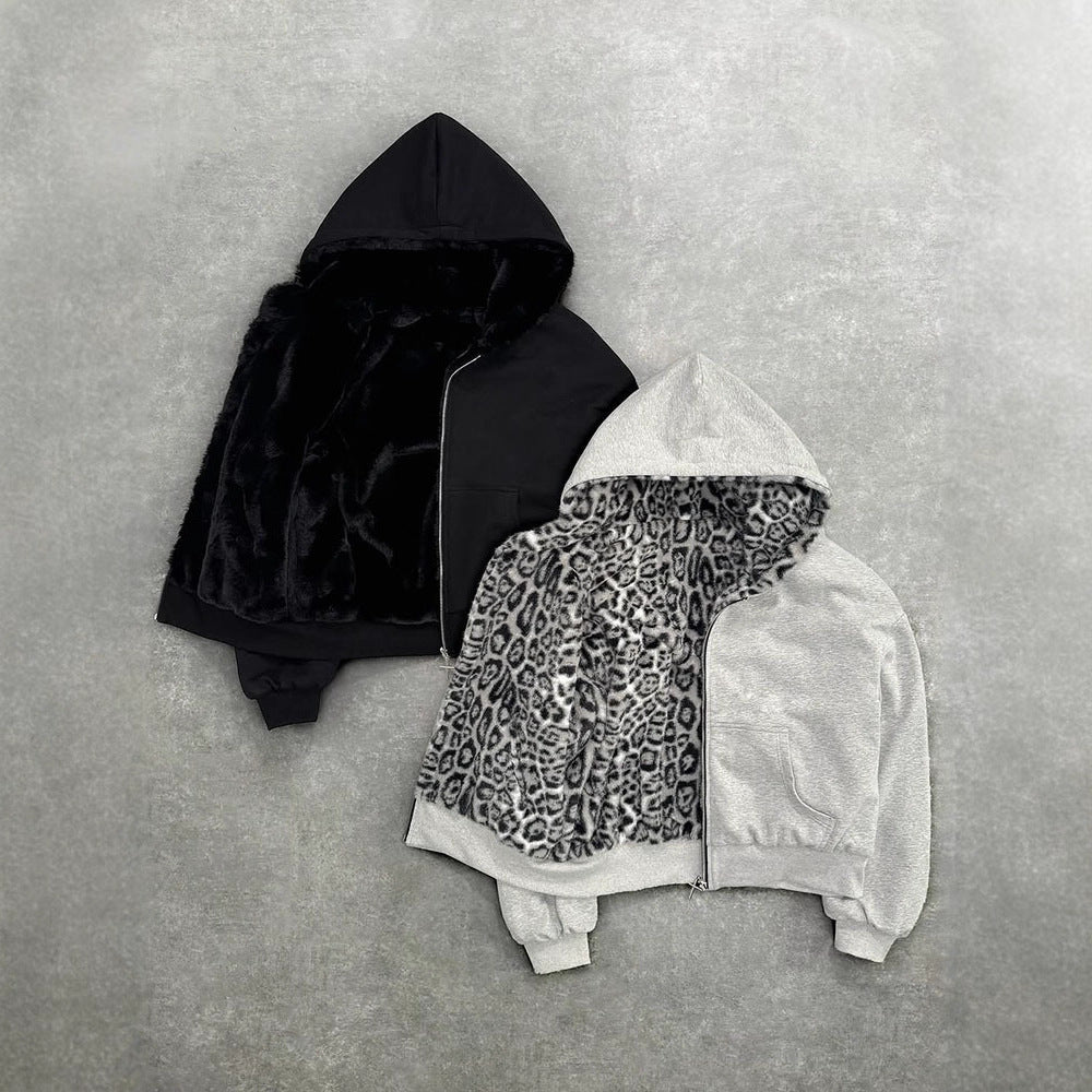 Reversible hooded sweatshirt with vintage leopard print