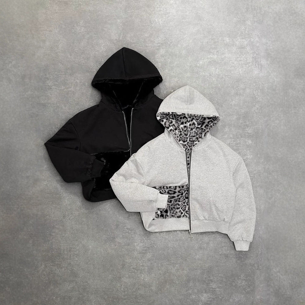 Reversible hooded sweatshirt with vintage leopard print